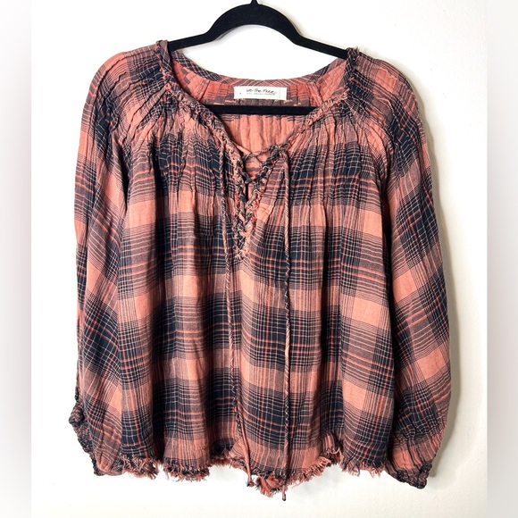 Free People We the Free Peasant Top Plaid Balloon Long Sleeve Tie Front SZ S EUC - Picture 2 of 10